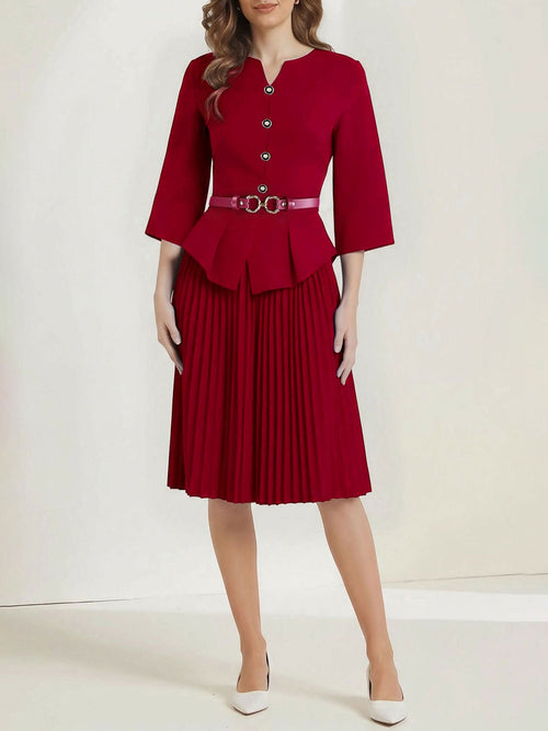 Notch Neck 3/4 Sleeves Belted Pleated Midi Work Dress