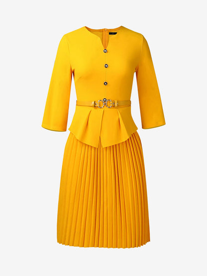 Notch Neck 3/4 Sleeves Belted Pleated Midi Work Dress