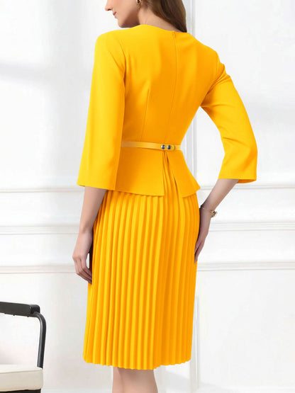 Notch Neck 3/4 Sleeves Belted Pleated Midi Work Dress