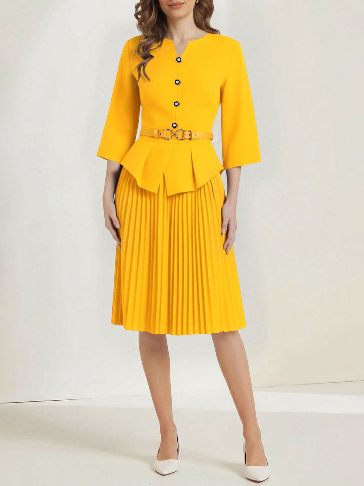 Notch Neck 3/4 Sleeves Belted Pleated Midi Work Dress