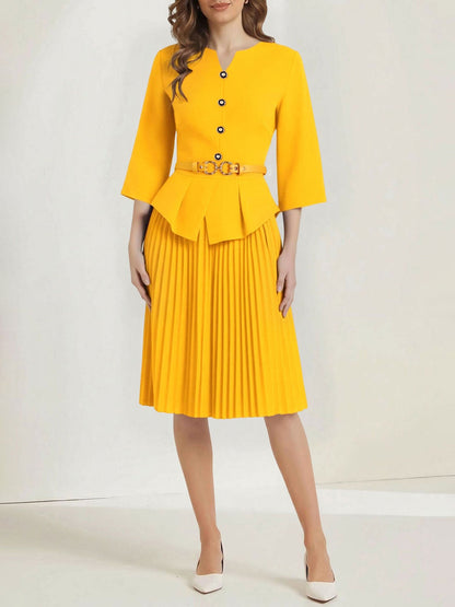 Notch Neck 3/4 Sleeves Belted Pleated Midi Work Dress