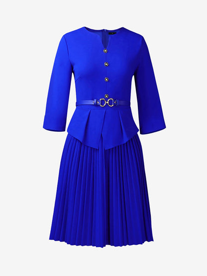 Notch Neck 3/4 Sleeves Belted Pleated Midi Work Dress