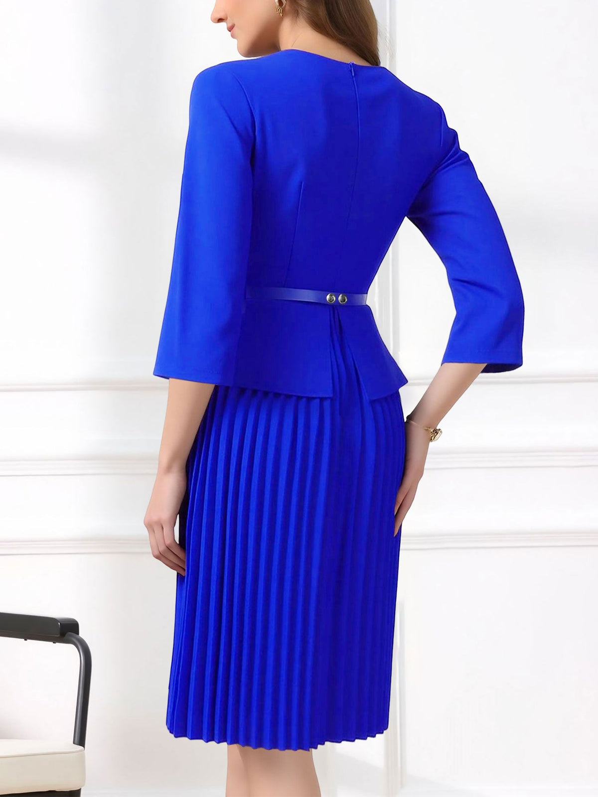 Notch Neck 3/4 Sleeves Belted Pleated Midi Work Dress