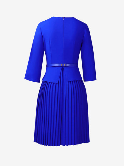 Notch Neck 3/4 Sleeves Belted Pleated Midi Work Dress