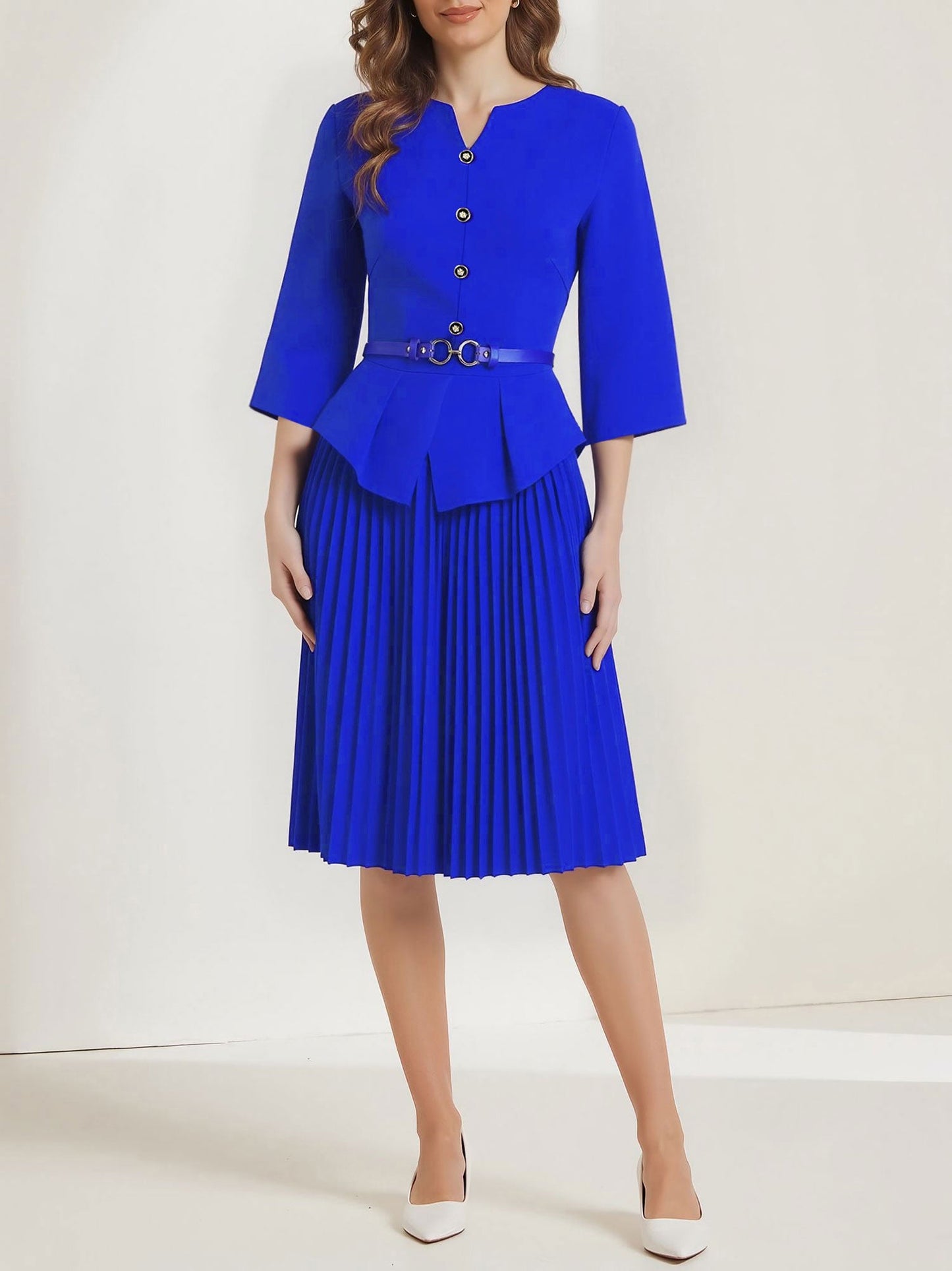 Notch Neck 3/4 Sleeves Belted Pleated Midi Work Dress