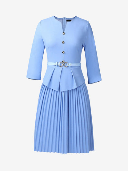 Notch Neck 3/4 Sleeves Belted Pleated Midi Work Dress