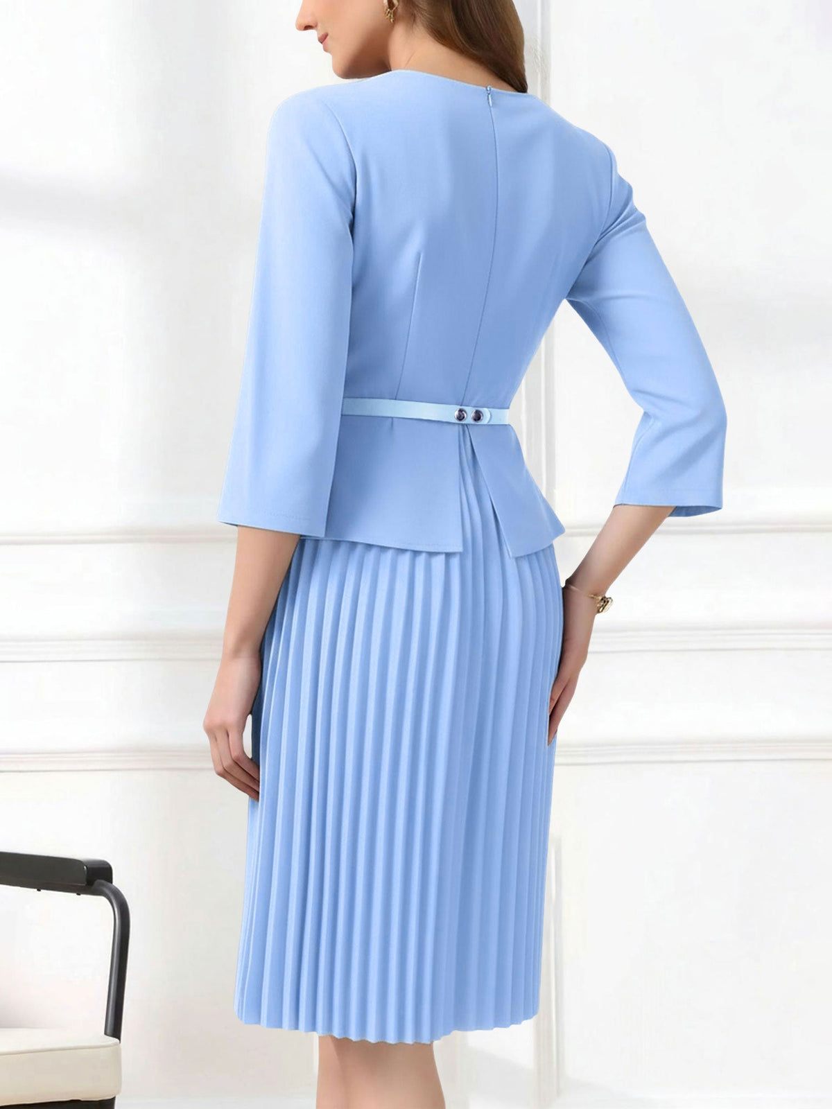 Notch Neck 3/4 Sleeves Belted Pleated Midi Work Dress