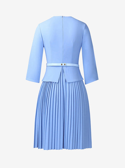 Notch Neck 3/4 Sleeves Belted Pleated Midi Work Dress