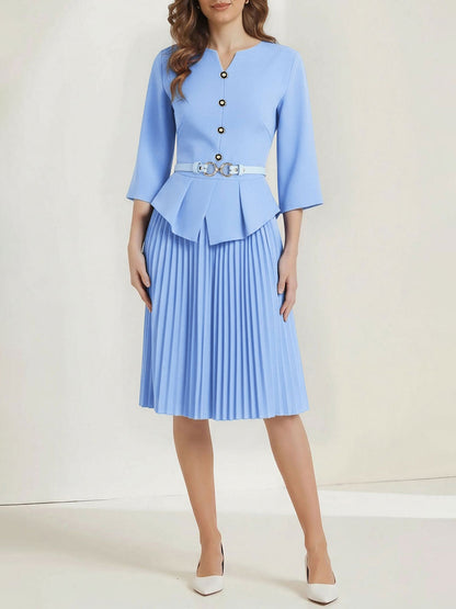 Notch Neck 3/4 Sleeves Belted Pleated Midi Work Dress