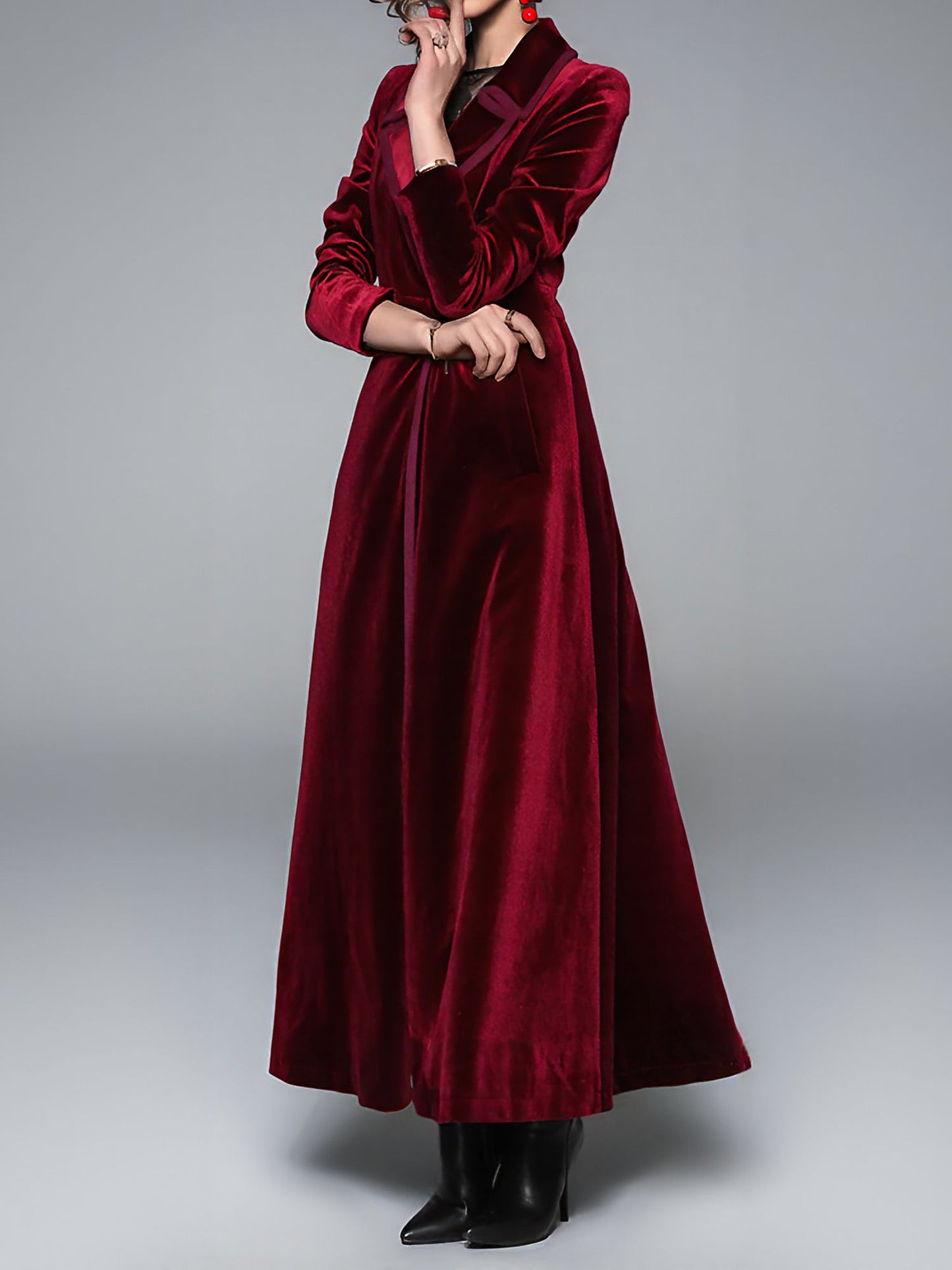 Vintage Notched Lapel Velvet Maxi Length A-Line Jacket