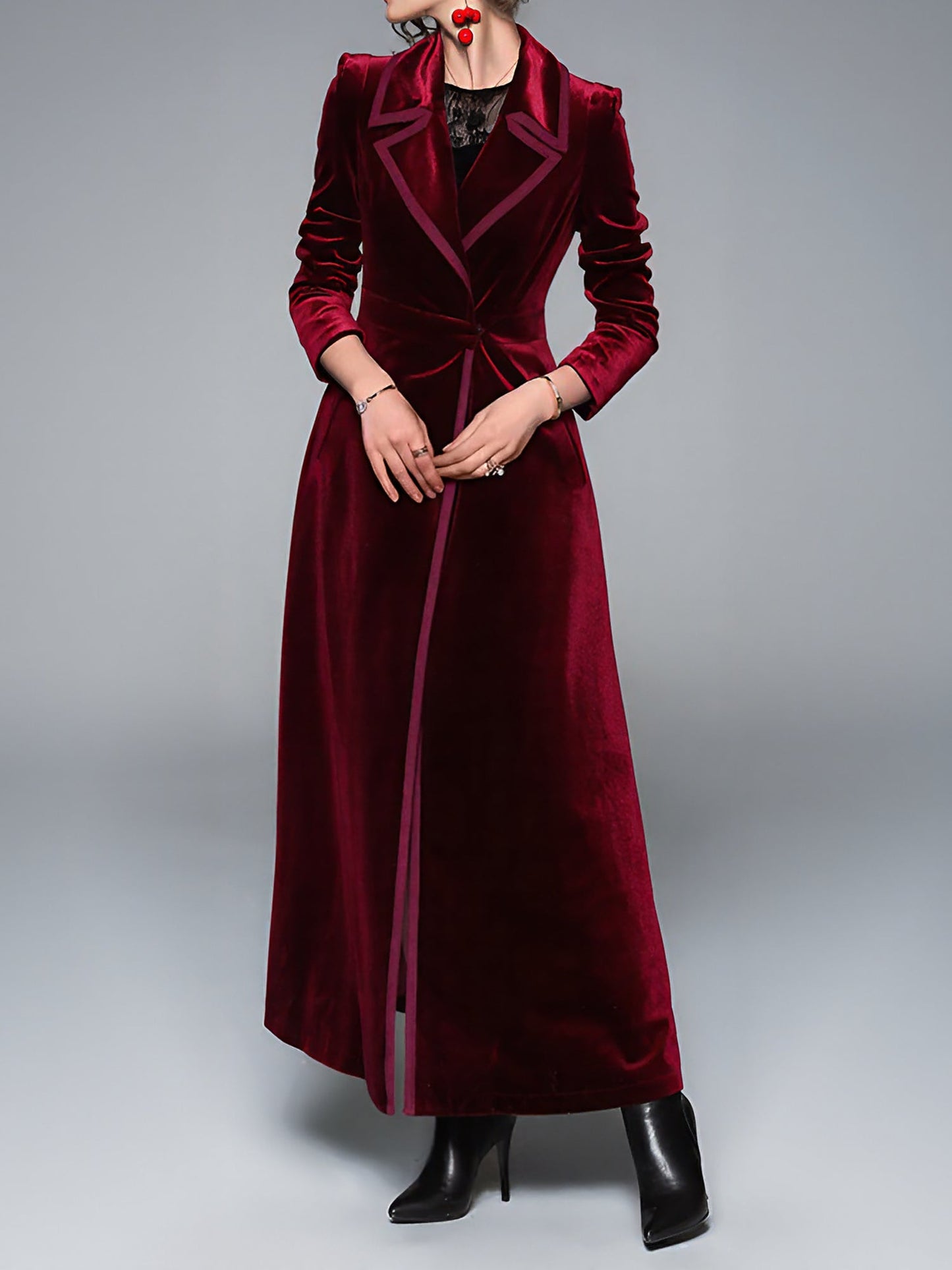 Vintage Notched Lapel Velvet Maxi Length A-Line Jacket