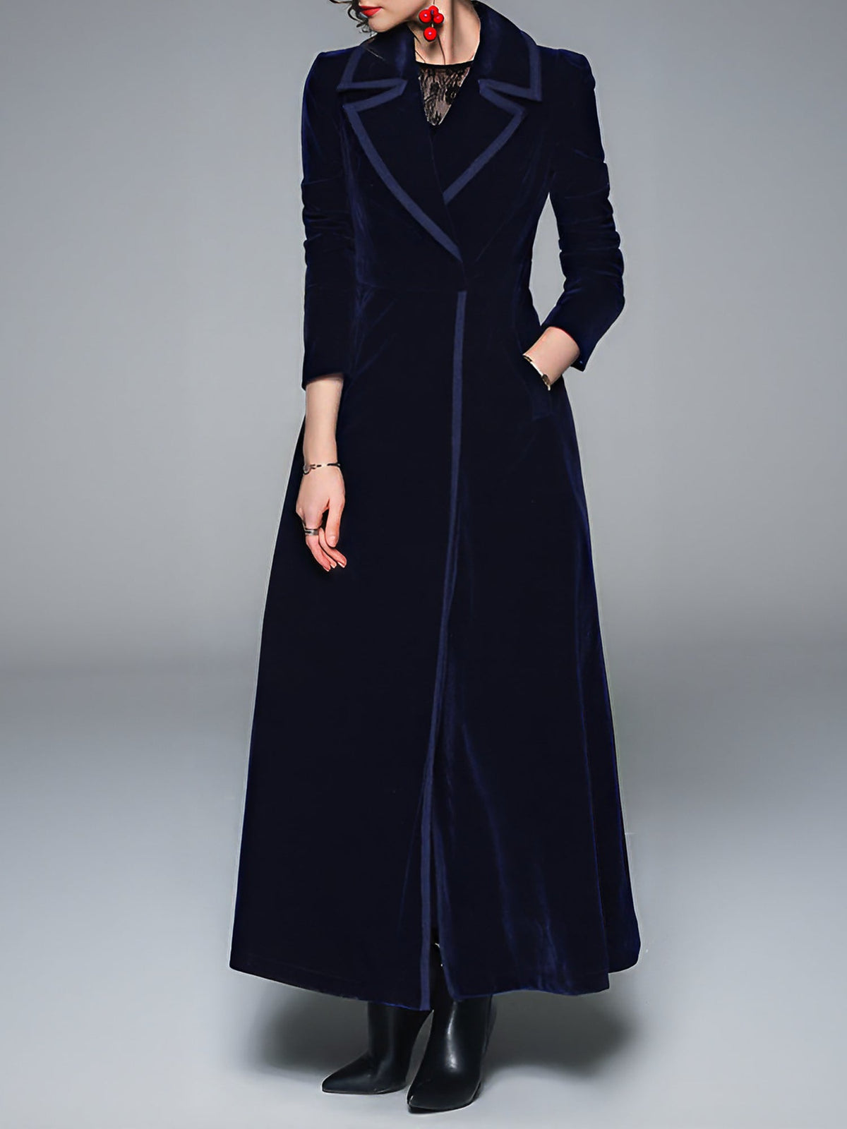 Vintage Notched Lapel Velvet Maxi Length A-Line Jacket