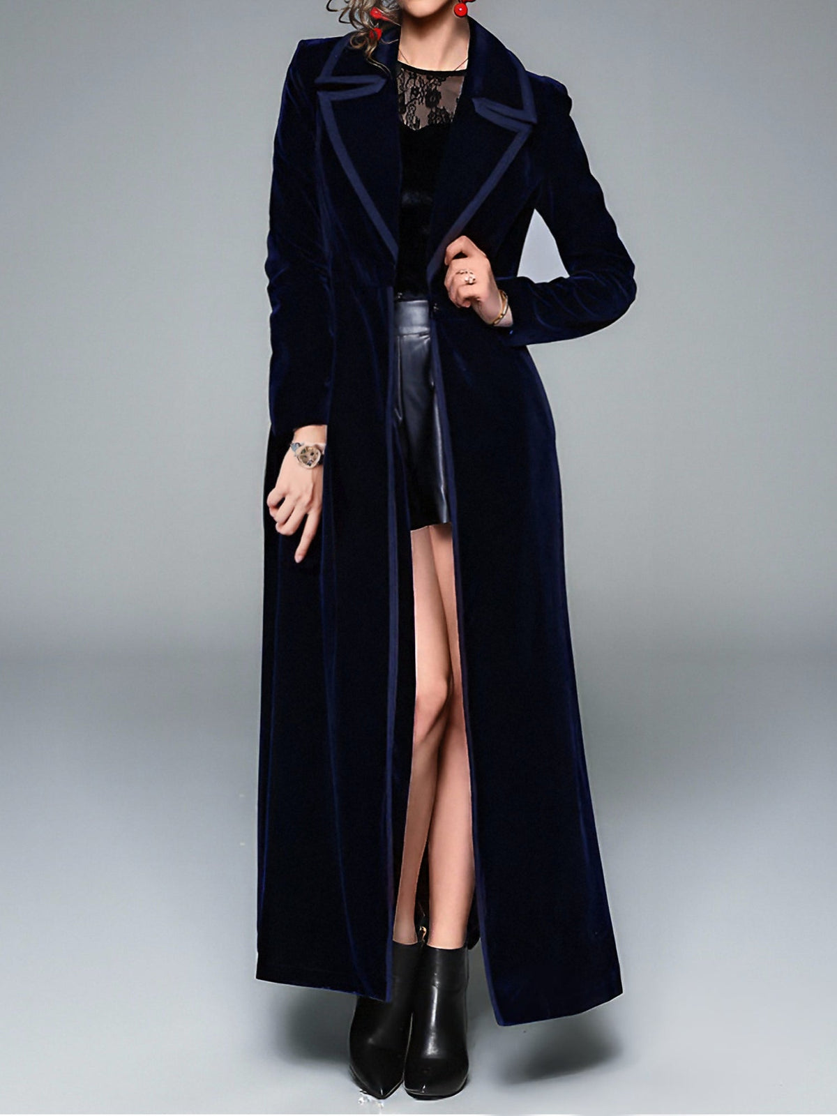 Vintage Notched Lapel Velvet Maxi Length A-Line Jacket