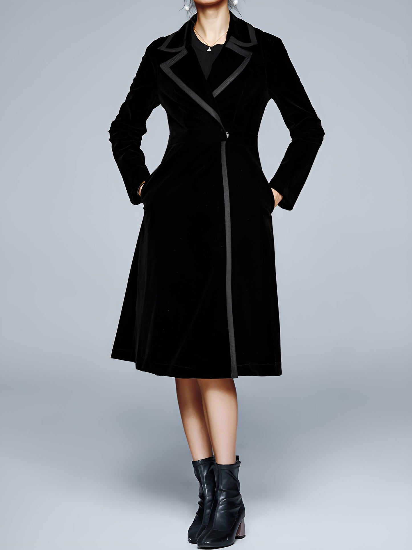 Vintage Notched Lapel Velvet Mid-Length A-Line Jacket
