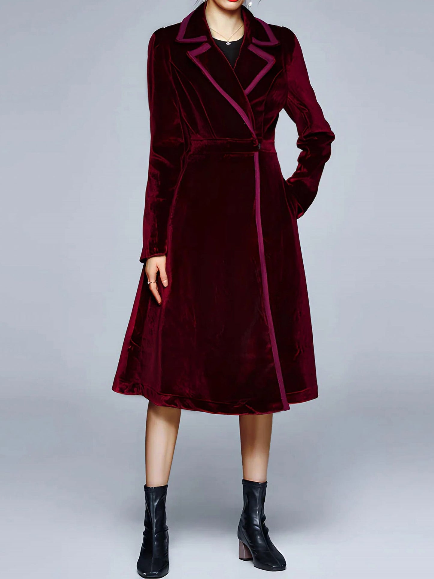 Vintage Notched Lapel Velvet Mid-Length A-Line Jacket