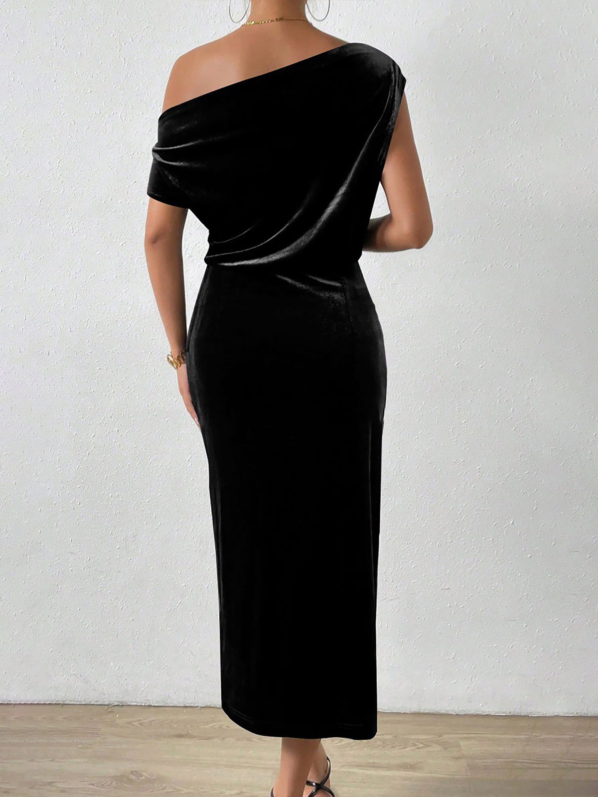 Velvet Ruched One Shoulder Midi Evening Dress