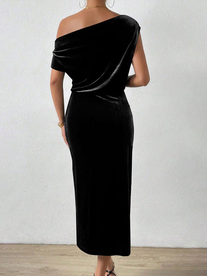 Velvet Ruched One Shoulder Midi Evening Dress