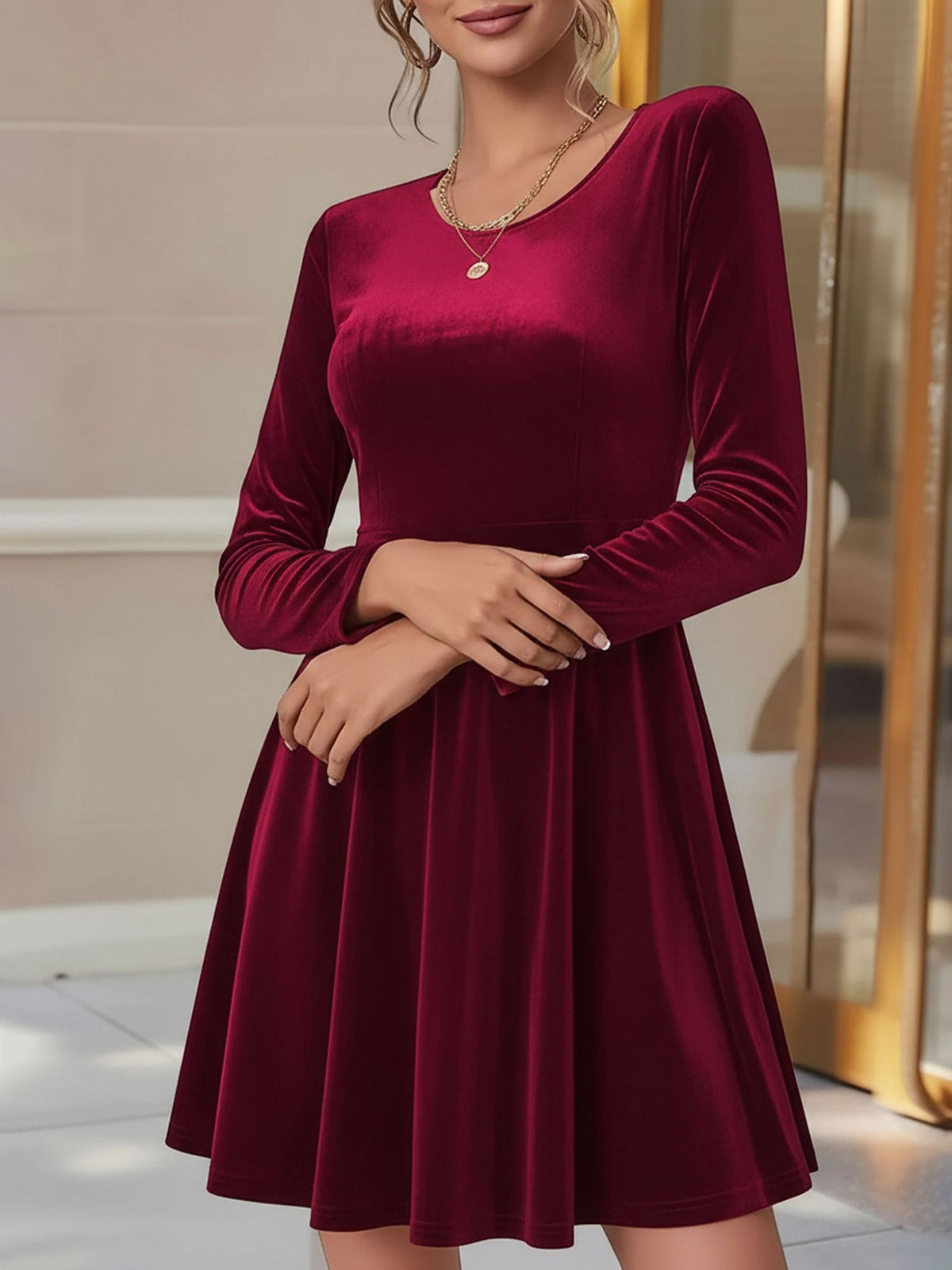 Velvet Long sleeve Round Neck A-Line Dress