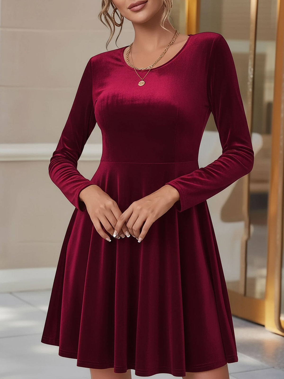 Velvet Long sleeve Round Neck A-Line Dress