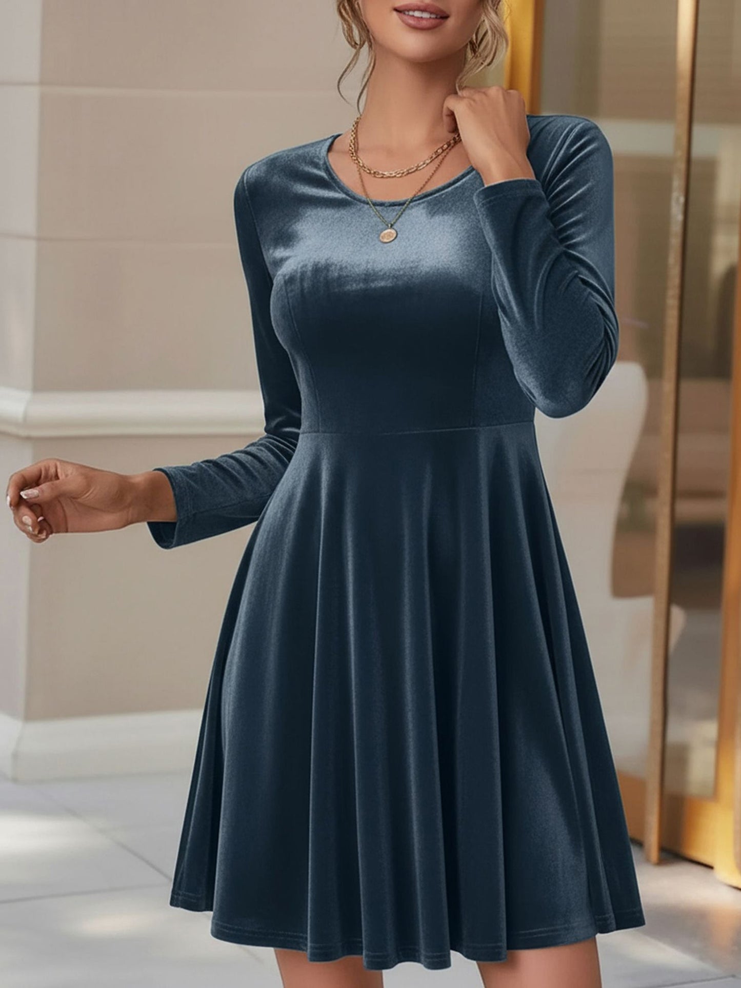 Velvet Long sleeve Round Neck A-Line Dress