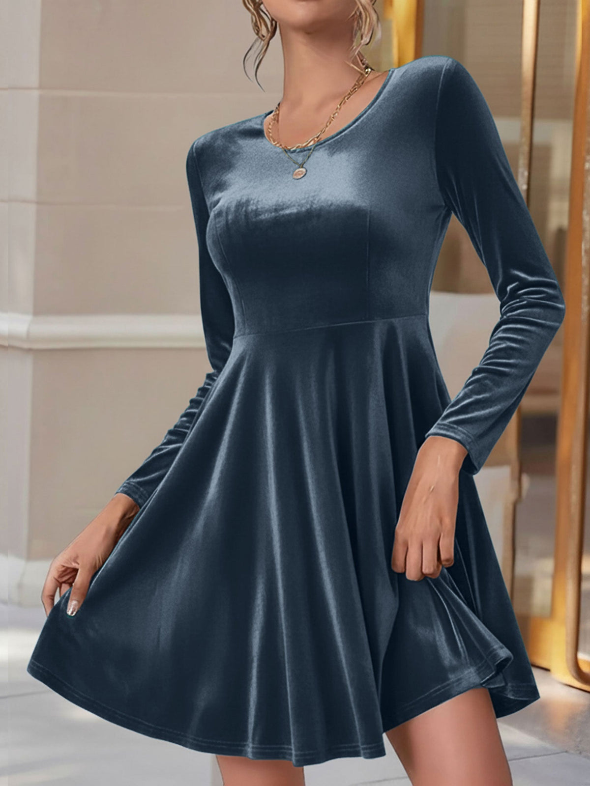Velvet Long sleeve Round Neck A-Line Dress