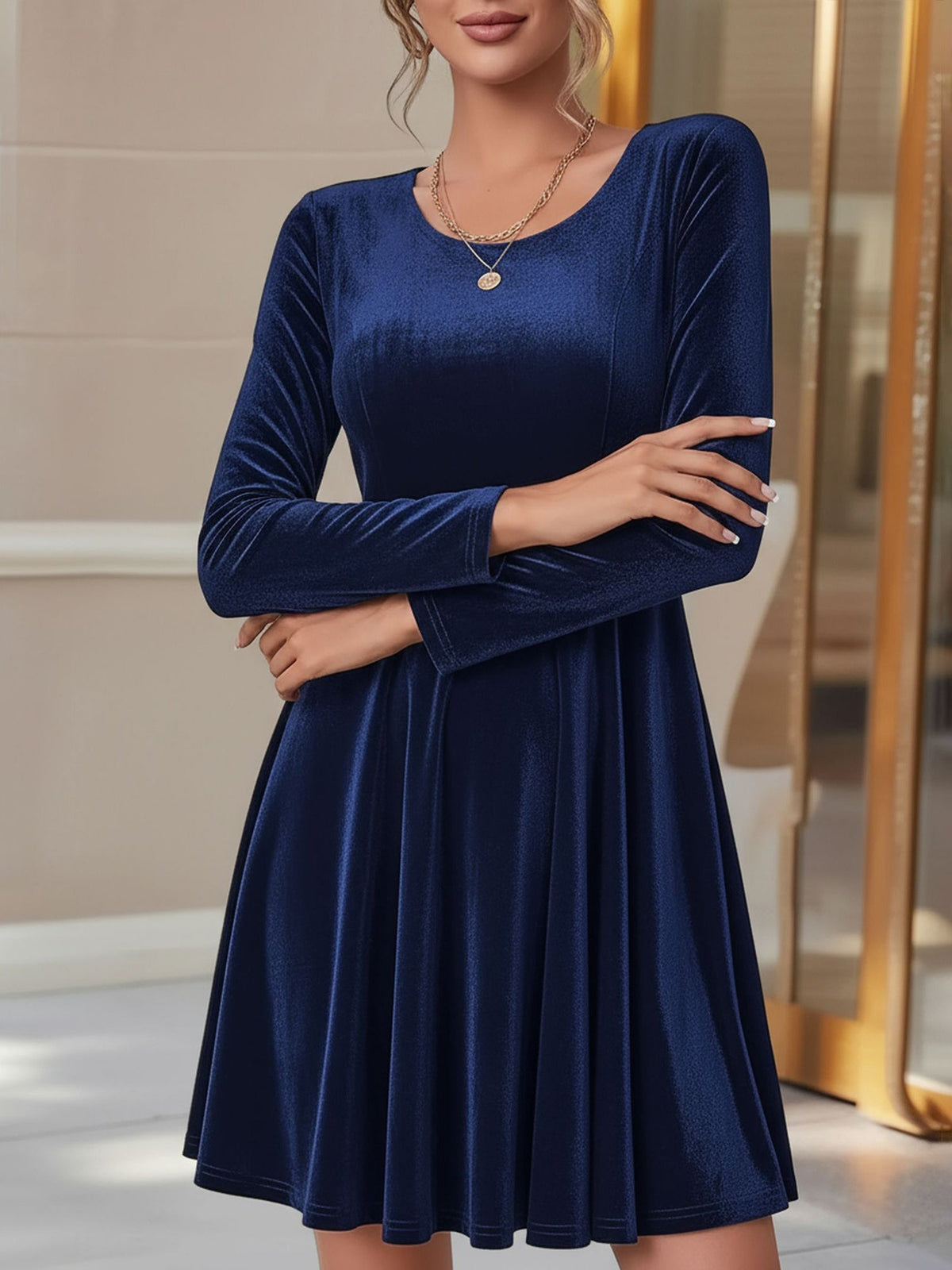 Velvet Long sleeve Round Neck A-Line Dress