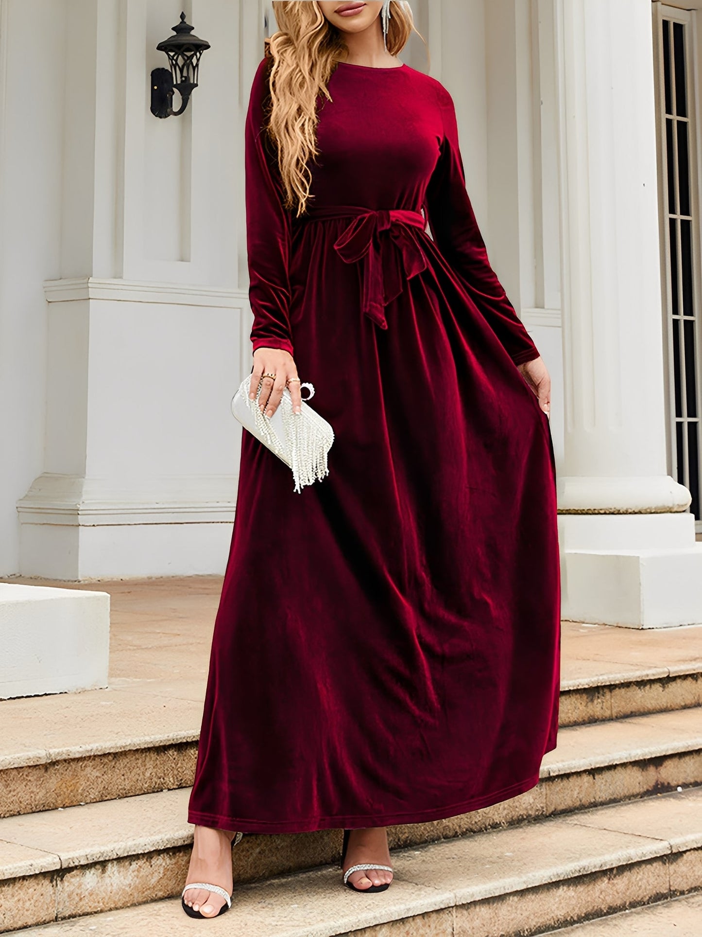 Velvet Round Neck Belted Maxi A-Line Dress