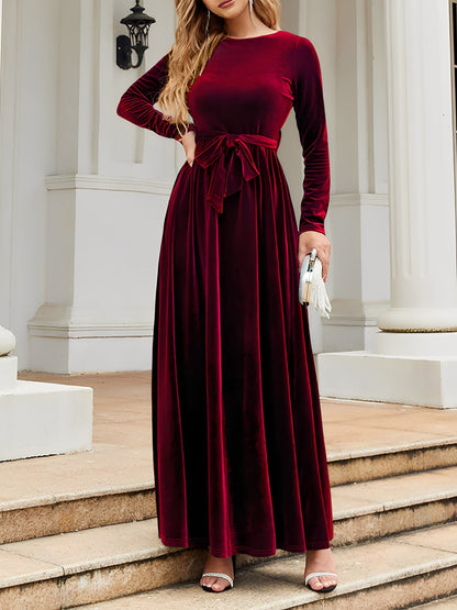 Velvet Round Neck Belted Maxi A-Line Dress