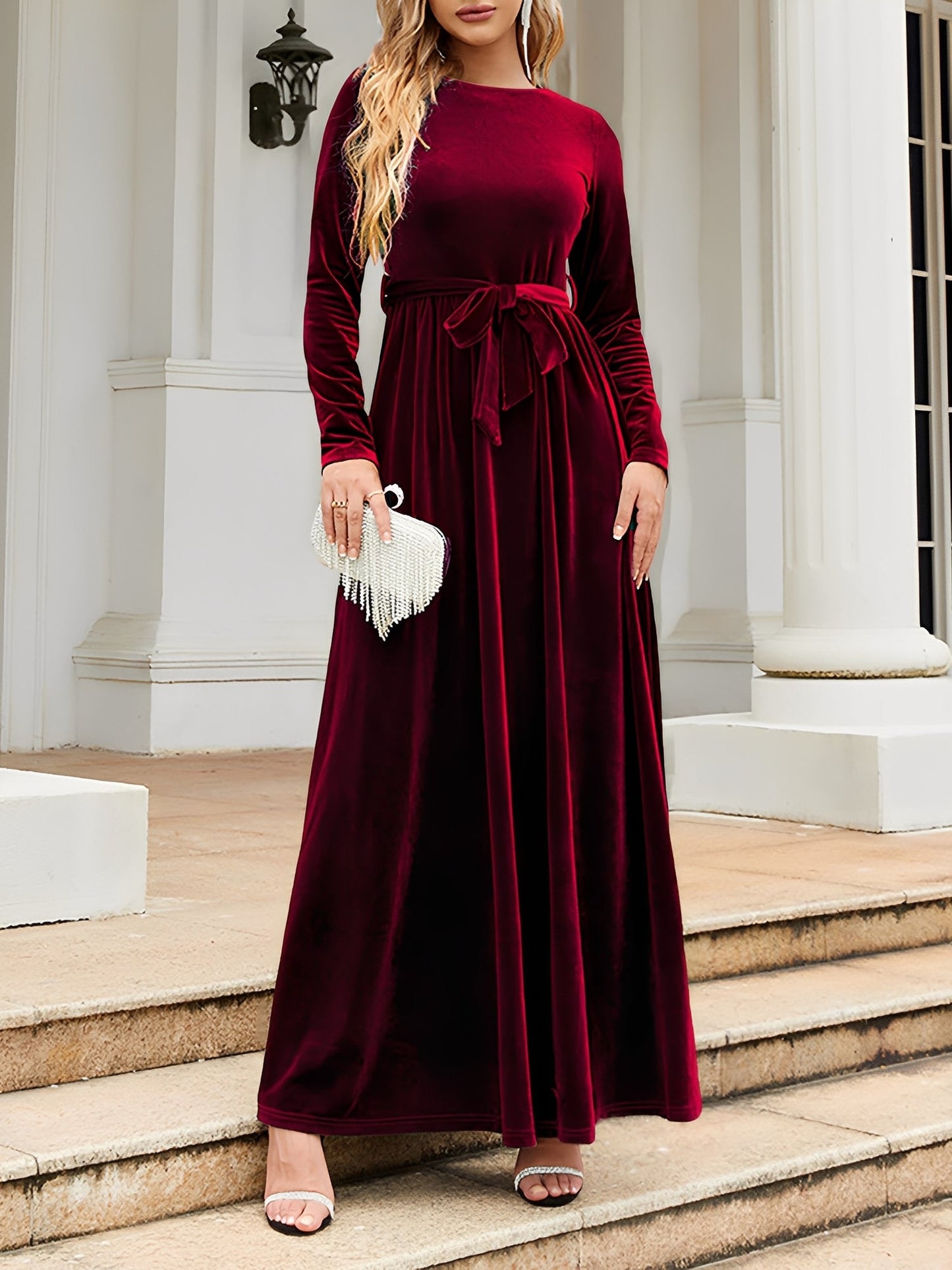 Velvet Round Neck Belted Maxi A-Line Dress