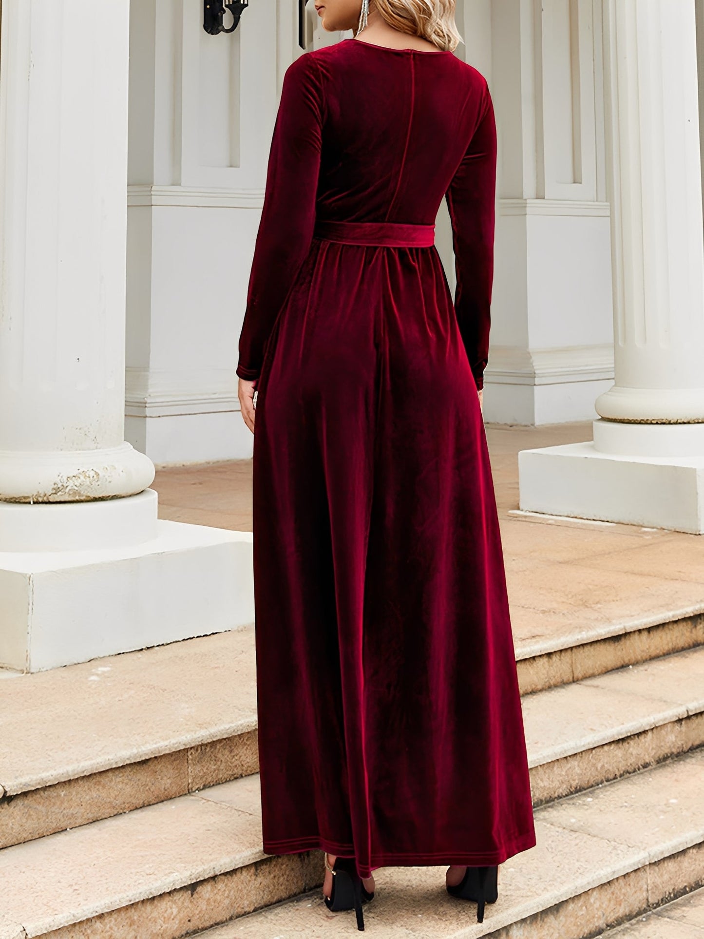 Velvet Round Neck Belted Maxi A-Line Dress