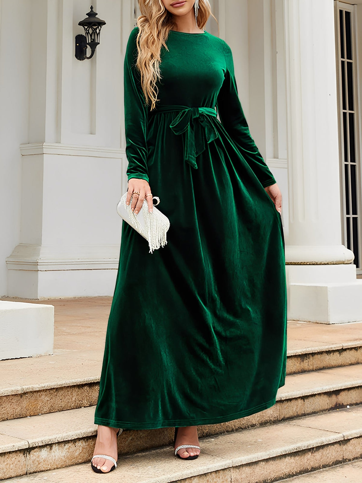 Velvet Round Neck Belted Maxi A-Line Dress
