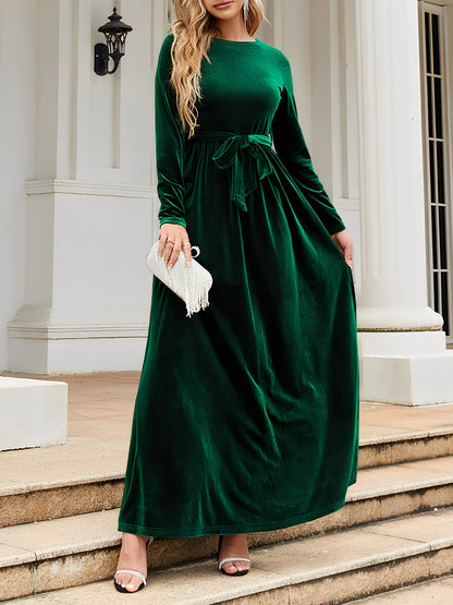 Velvet Round Neck Belted Maxi A-Line Dress
