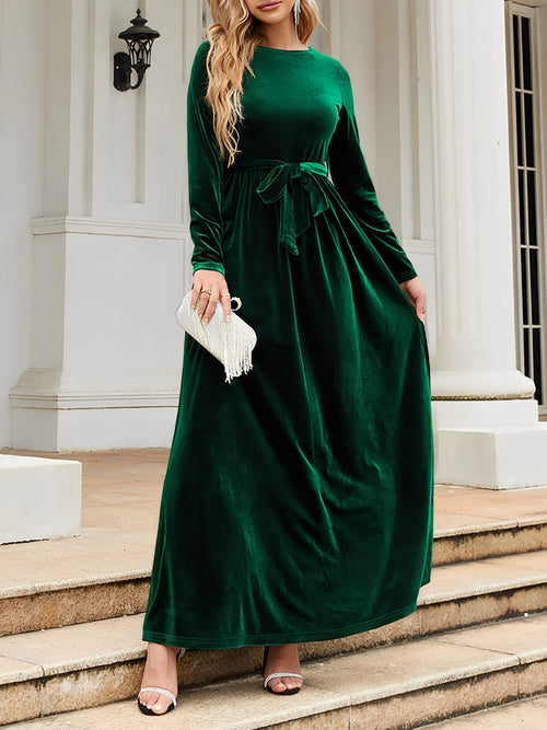 Velvet Round Neck Belted Maxi A-Line Dress