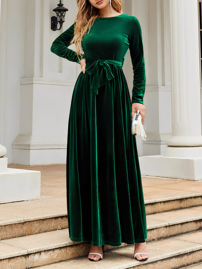 Velvet Round Neck Belted Maxi A-Line Dress