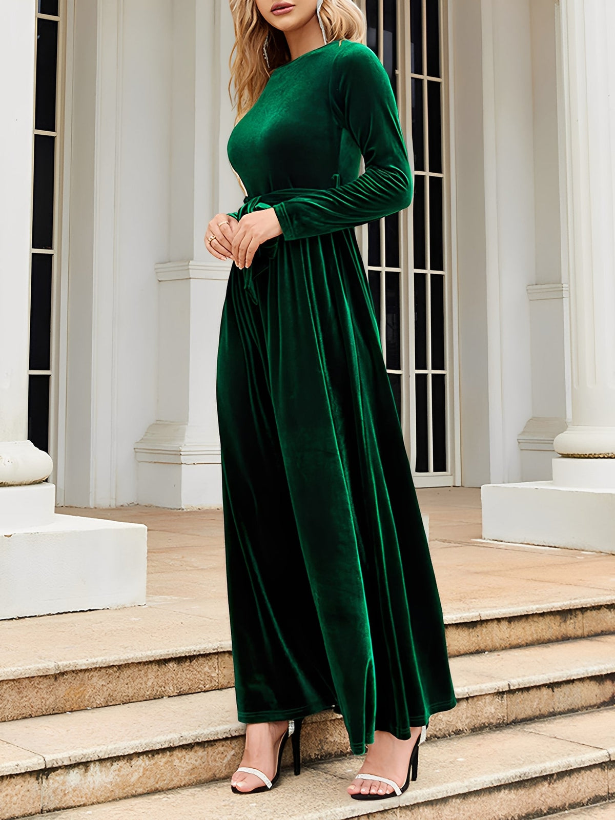 Velvet Round Neck Belted Maxi A-Line Dress