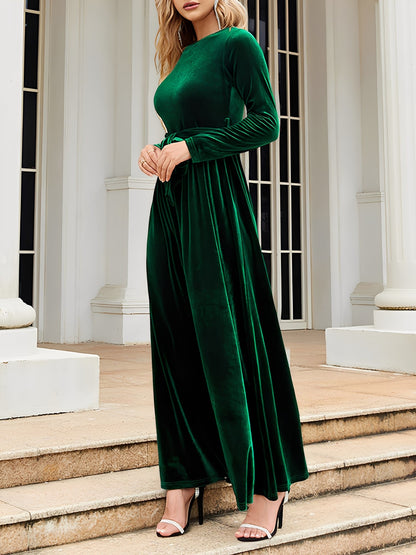 Velvet Round Neck Belted Maxi A-Line Dress