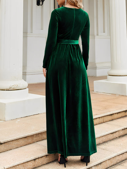 Velvet Round Neck Belted Maxi A-Line Dress
