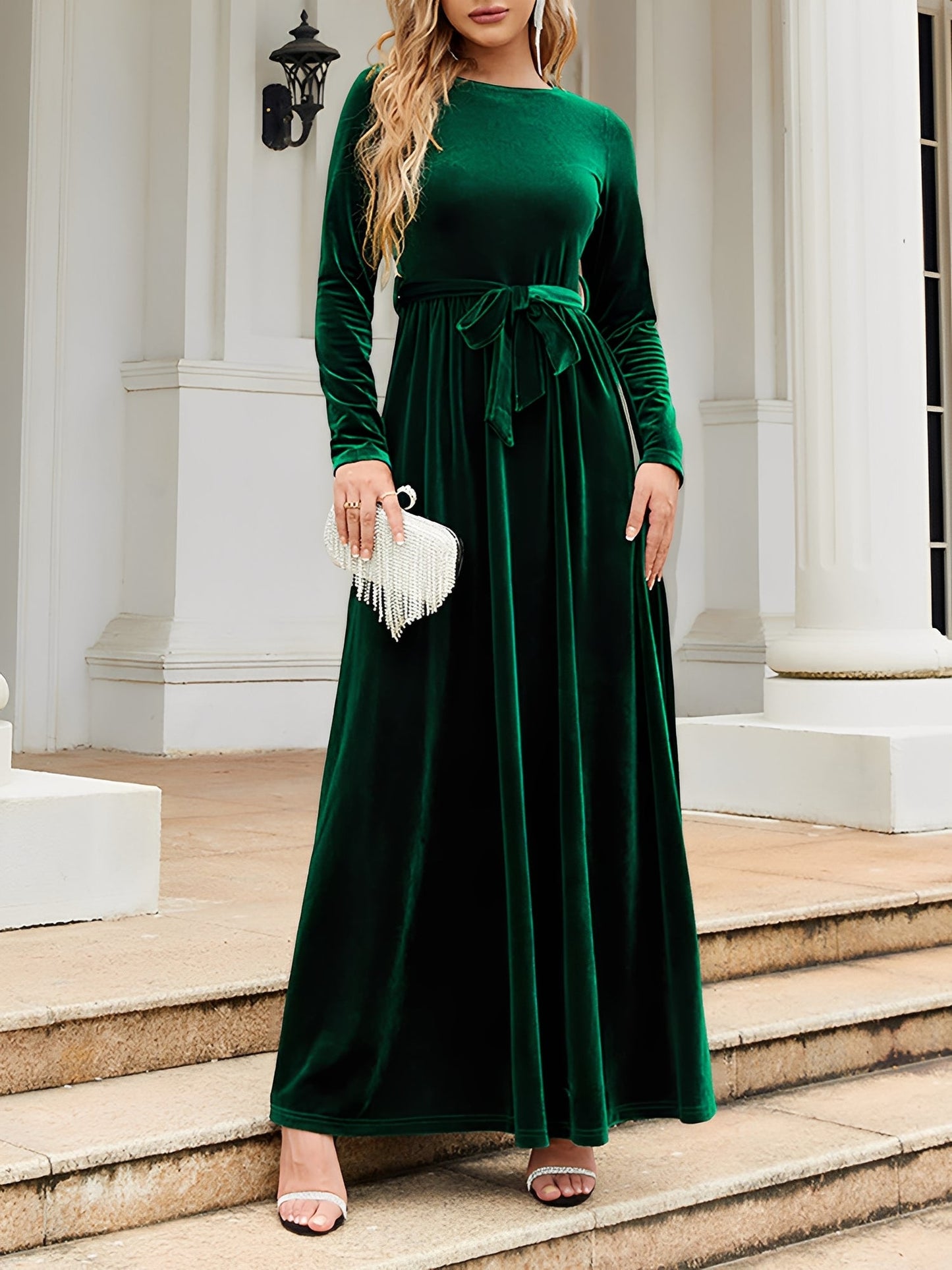 Velvet Round Neck Belted Maxi A-Line Dress