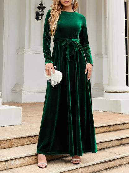 Velvet Round Neck Belted Maxi A-Line Dress
