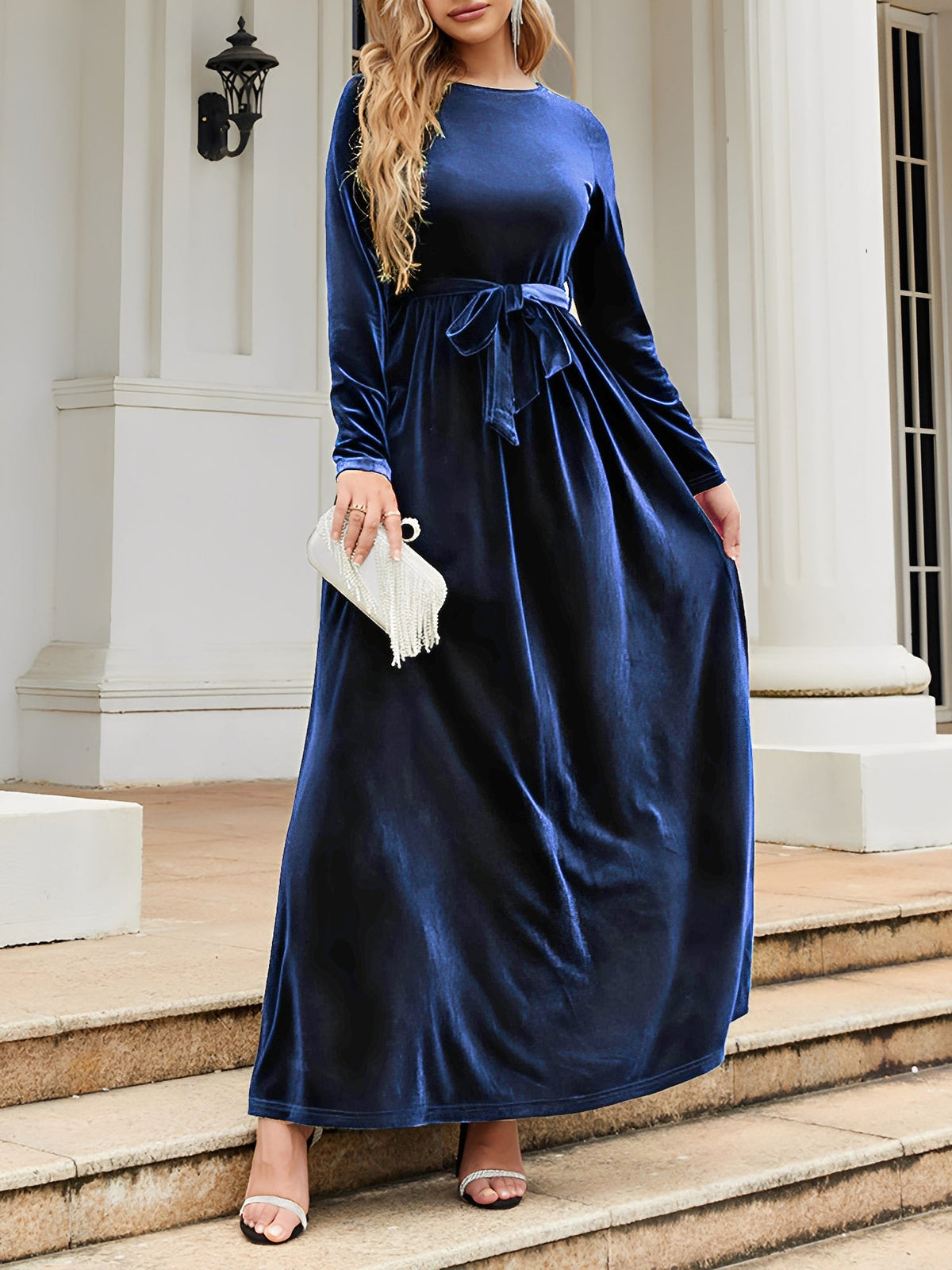 Velvet Round Neck Belted Maxi A-Line Dress