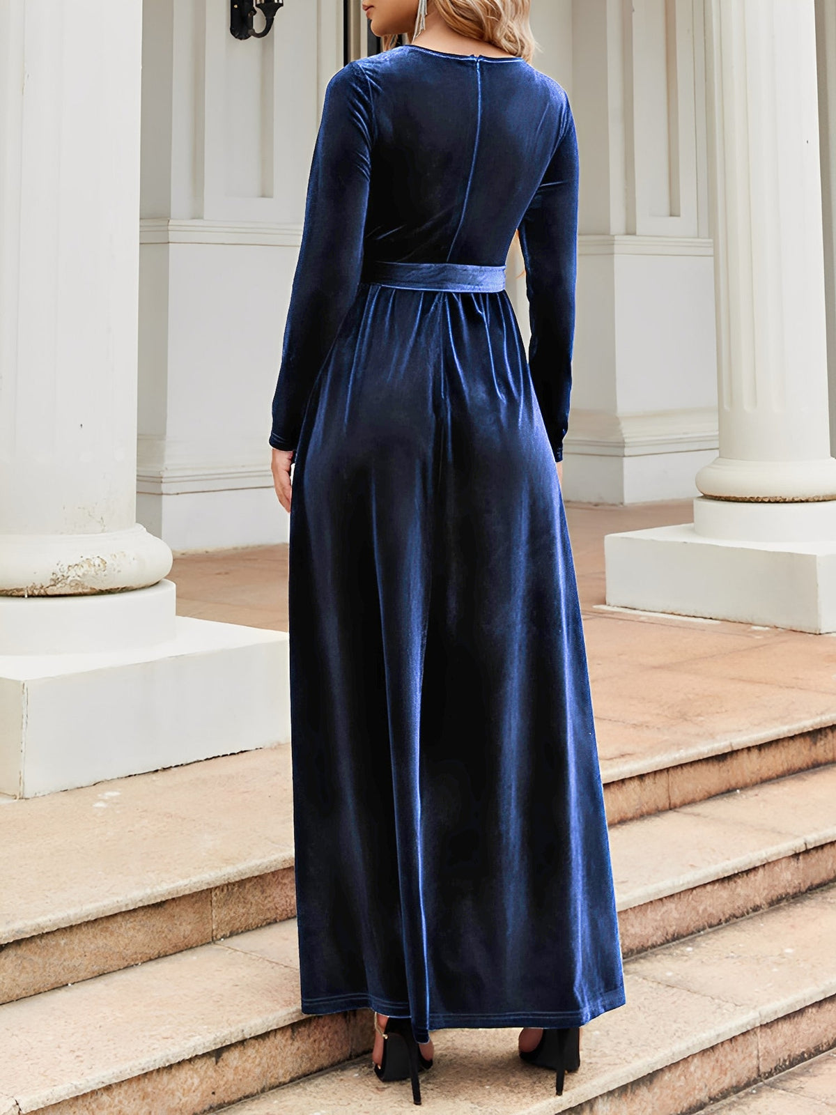 Velvet Round Neck Belted Maxi A-Line Dress