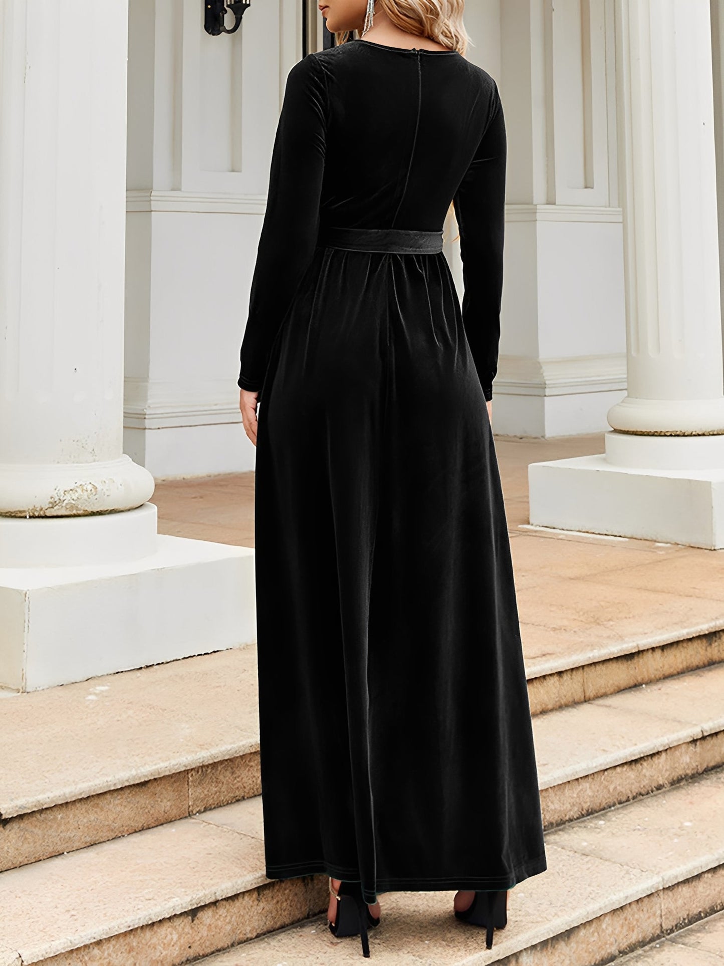 Velvet Round Neck Belted Maxi A-Line Dress