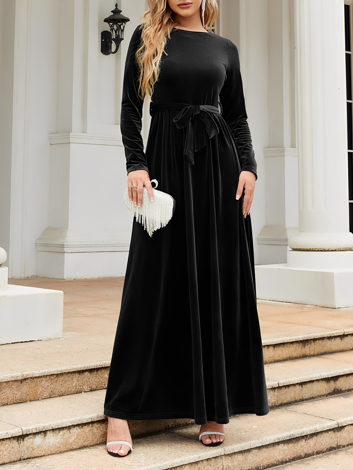 Velvet Round Neck Belted Maxi A-Line Dress