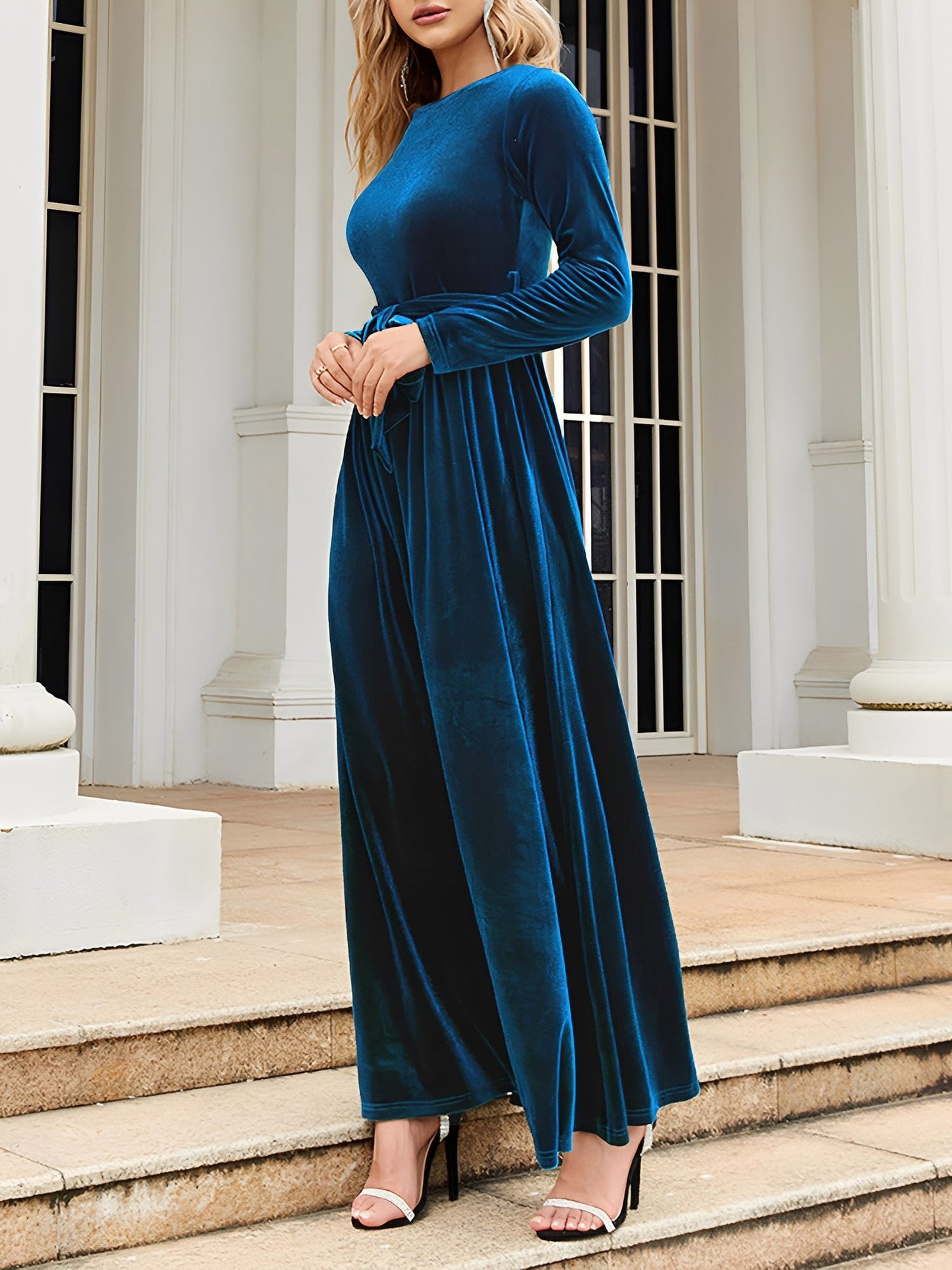 Velvet Round Neck Belted Maxi A-Line Dress