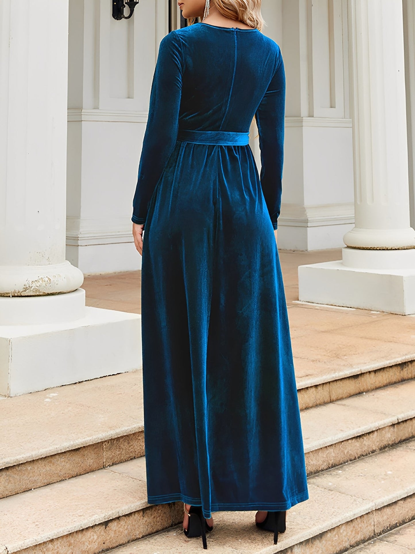 Velvet Round Neck Belted Maxi A-Line Dress