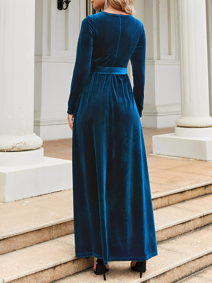 Velvet Round Neck Belted Maxi A-Line Dress
