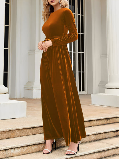 Velvet Round Neck Belted Maxi A-Line Dress