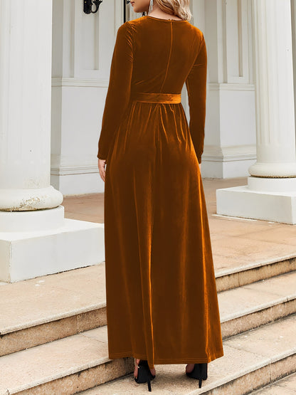 Velvet Round Neck Belted Maxi A-Line Dress