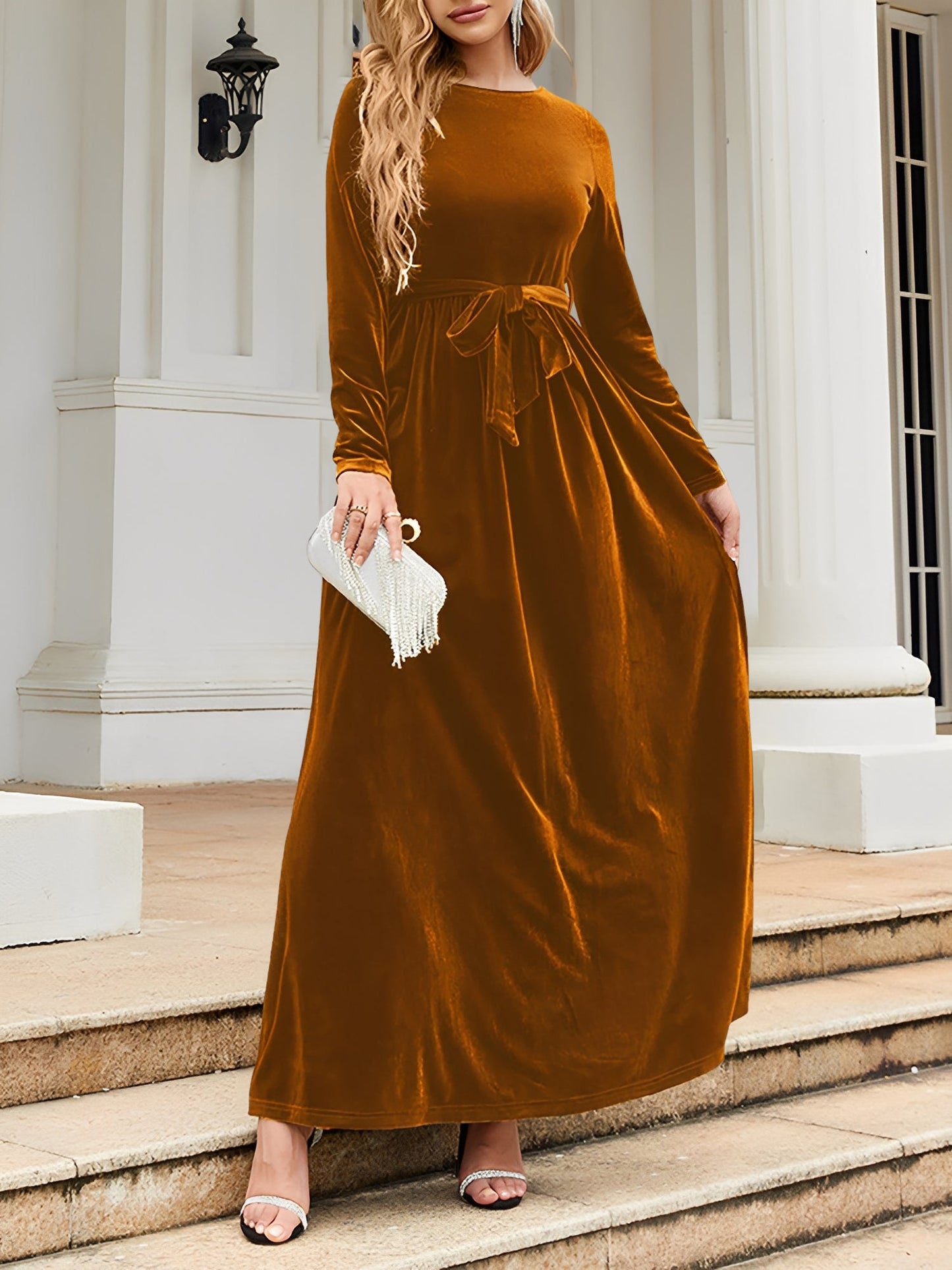 Velvet Round Neck Belted Maxi A-Line Dress