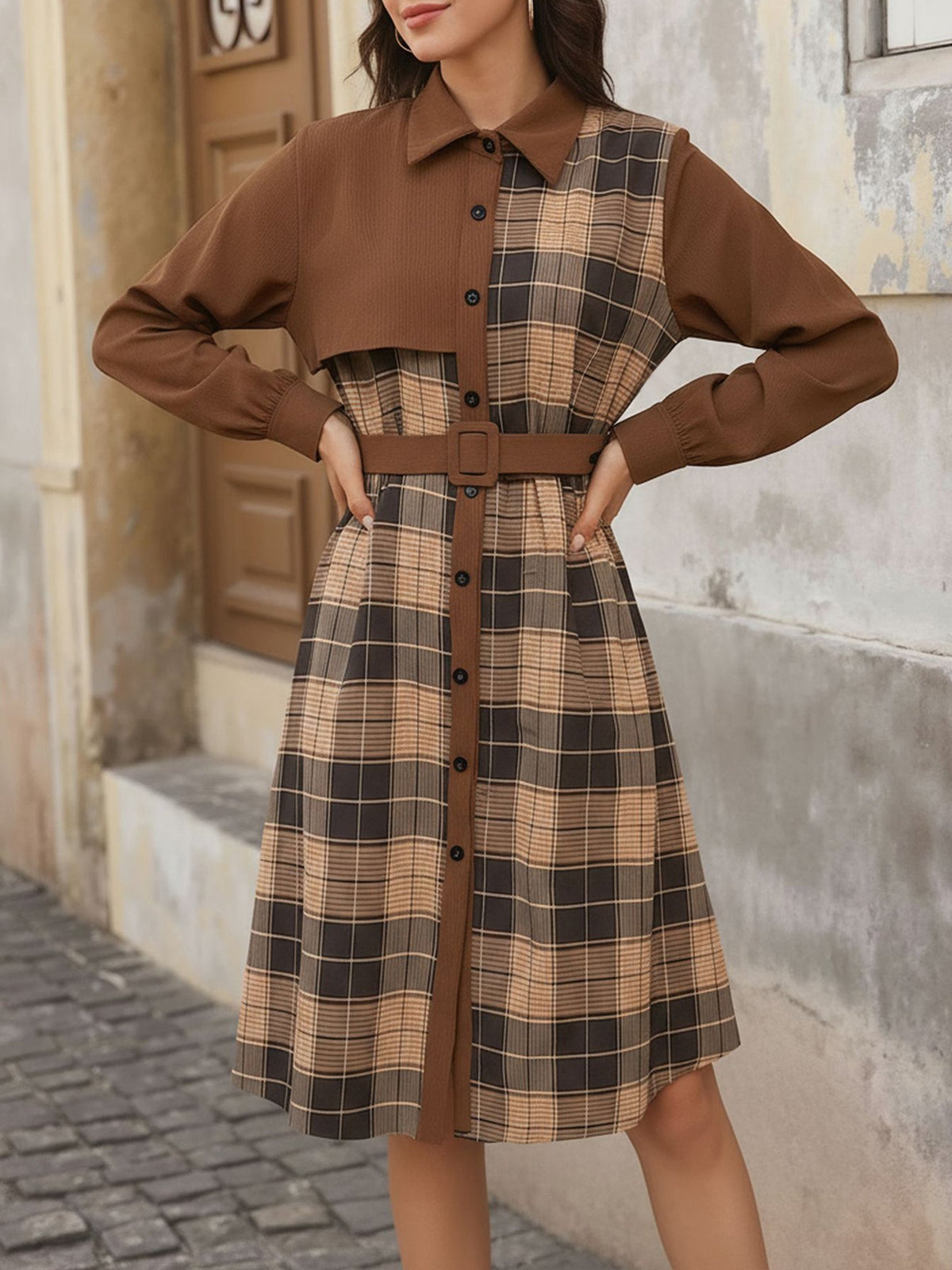 Plaid Patchwork Long Sleeves Belted Midi Shirt Dress